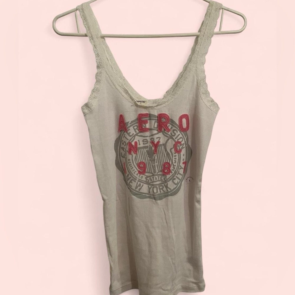 Aeropostale White, Pink, and Gray Graphic Tank Top with Lace Straps and Neckline